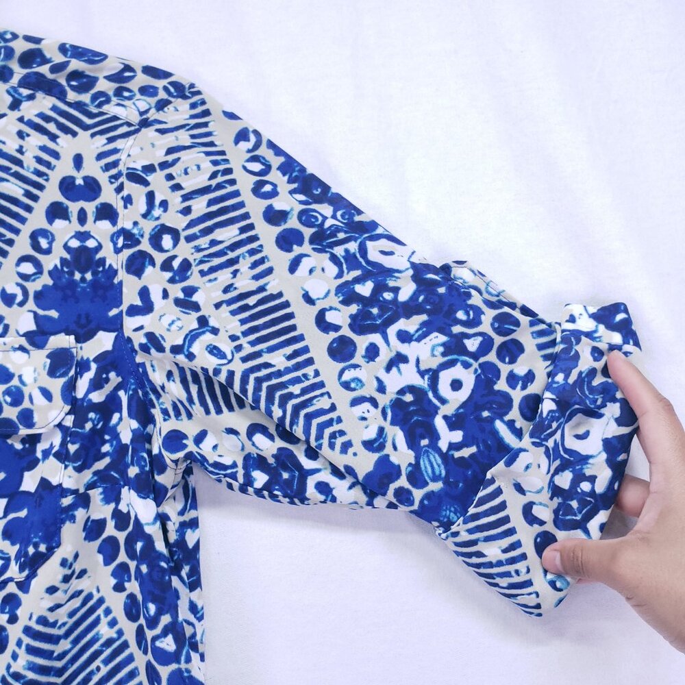 Cabi Blue & White Abstract Print Button Down Short Jewel Shirt Dress Size S - Picture 9 of 16